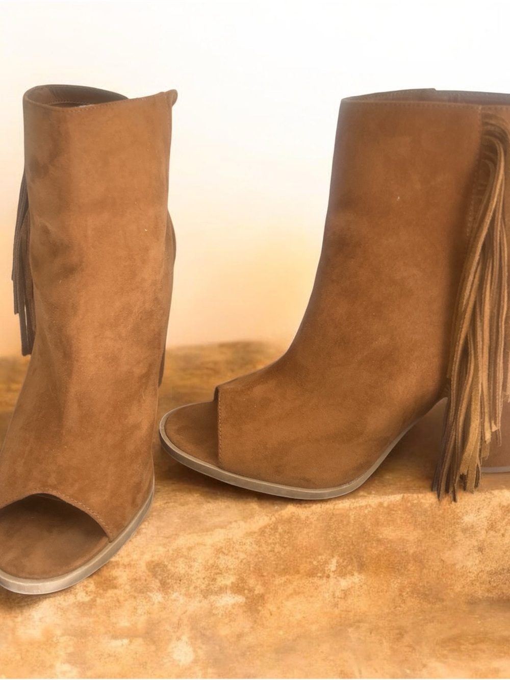 Dolce Vita Tan Suede Fringe Open-Toe Ankle Booties